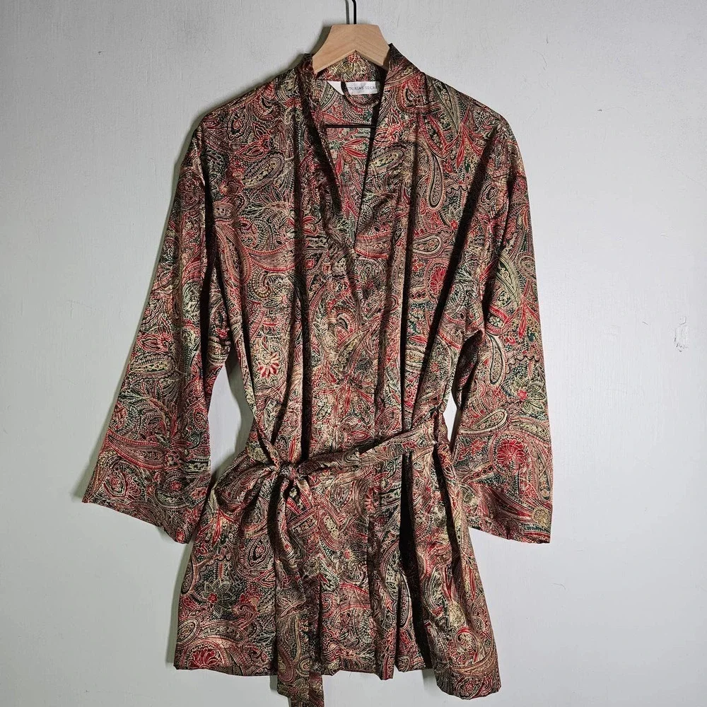 Vintage 90s Victoria's Secret 2pc Sleepshirt Kimono Robe XS OS Paisley Satin Set
